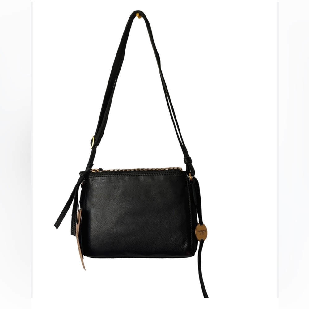 Margot Black Leather Jules Double Zip Triple Compartment Crossbody Purse Bag